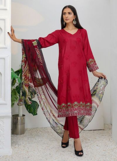 Buy Maroon Kameez Zari Thread Embroidered Pakistani Suit with Trouser & Dupatta