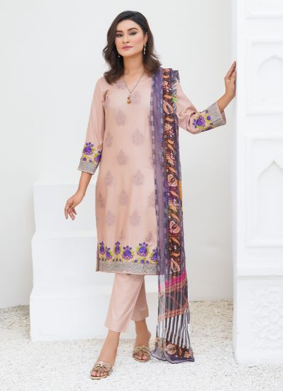 Buy Brown Kameez Zari Thread Embroidered Pakistani Suit with Trouser & Dupatta