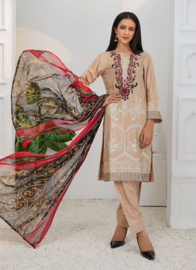 Buy Beige Kameez Zari Thread Embroidered Pakistani Suit with Salwar & Dupatta