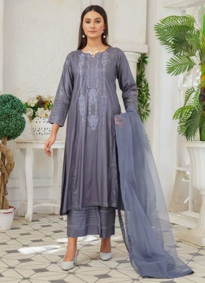 Grey Linen Self Embroidered Suit Set