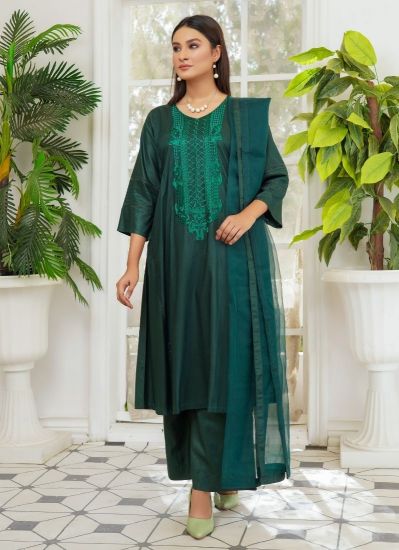 Bottle Green Self Embroidered Suit Set