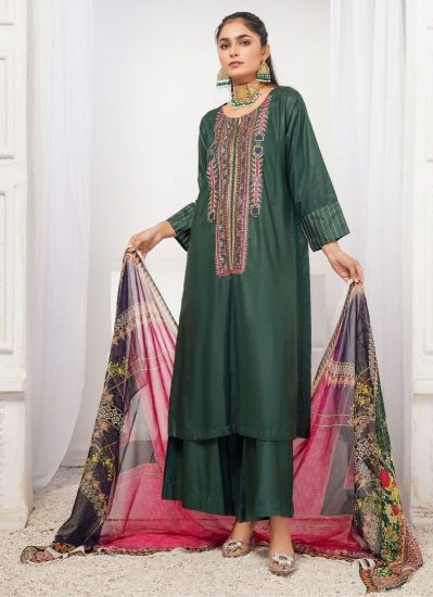 Buy Bottle Green Linen Pakistani Suit with Trouser & Dupatta