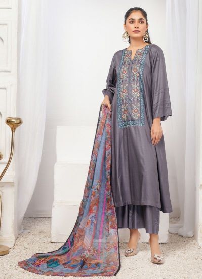 Buy Grey Linen Pakistani Suit with Trouser & Dupatta