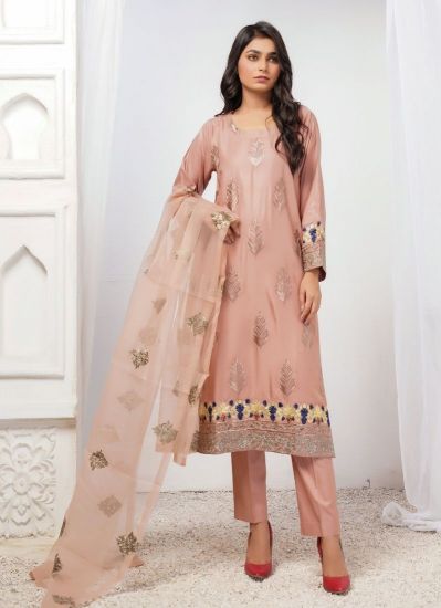 Buy Dusty Pink Linen Pakistani Suit with Trouser & Dupatta