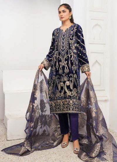 Buy Navy Blue Velvet Pakistani Suit with Trouser & Dupatta