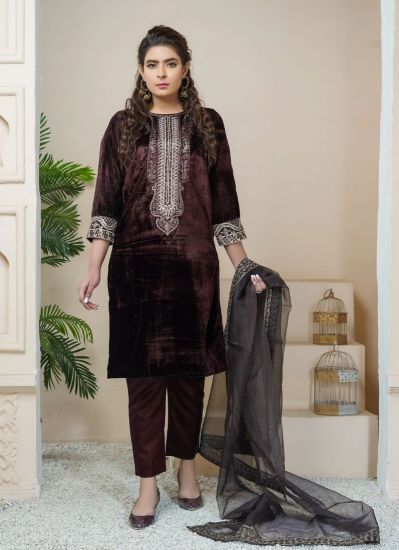 Buy Chocolate Velvet Pakistani Suit with Trouser & Dupatta
