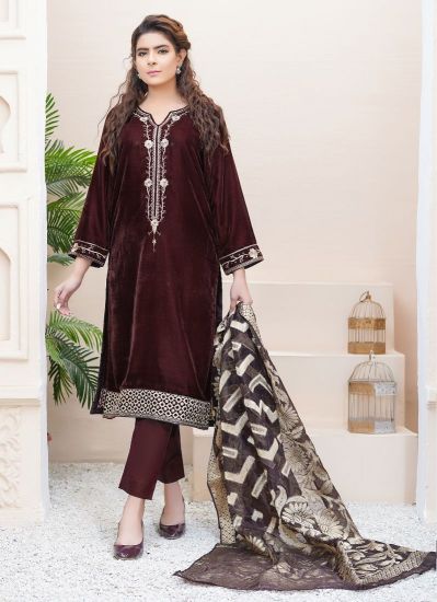 Buy Brown Velvet Pakistani Suit with Trouser & Dupatta