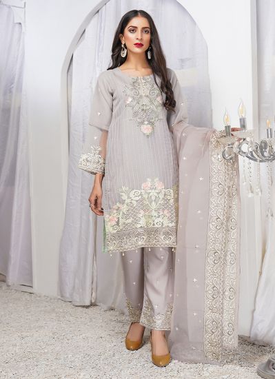 Grey Organza Fully Embroidered Shift Style Suit Set