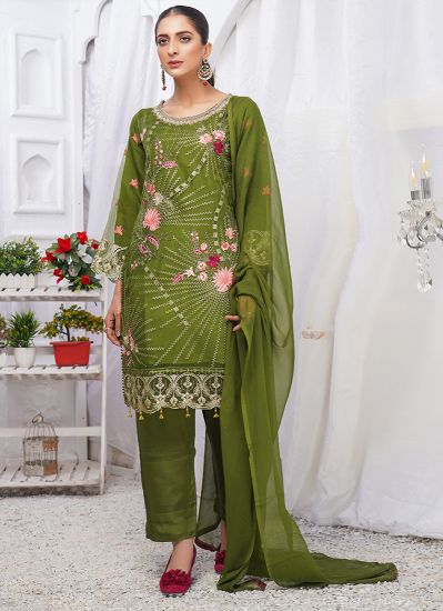 Green Organza Fully Embroidered Shift Style Suit Set