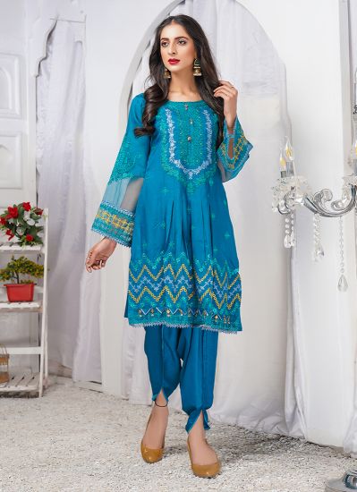 Blue Linen Fully Embroidered A-Line Suit Set