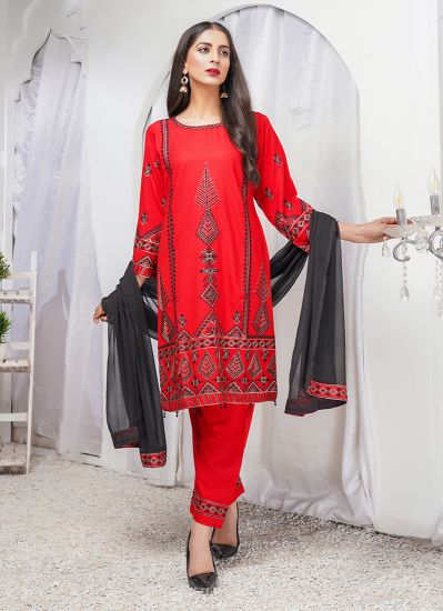 Red Dhanak Fully Embroidered Shift Style Suit Set