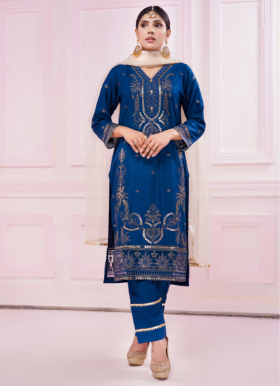 Blue Linen Fully Embroidered Shift Suit Set