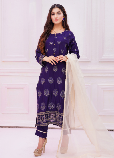 Navy Blue Linen Fully Embroidered Shift Suit Set