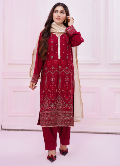 Maroon Linen Fully Embroidered Shift Suit Set