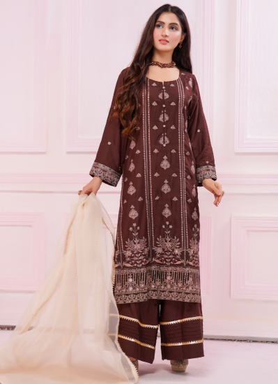 Brown Linen Fully Embroidered Shift Suit Set
