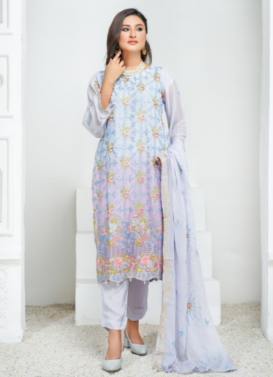 Chiffon Lilac Embroidered Trouser Suit