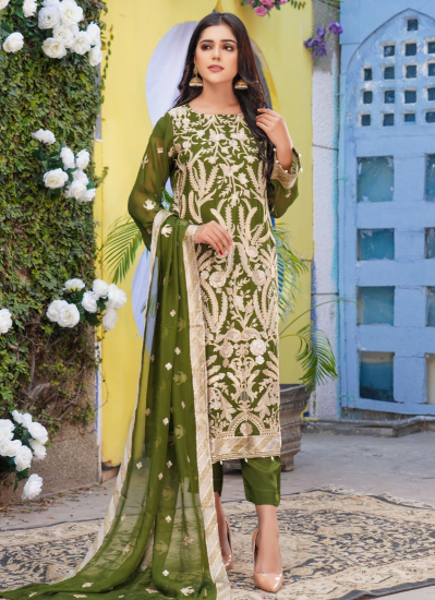 Chiffon Embroidered Mendhi Suit
