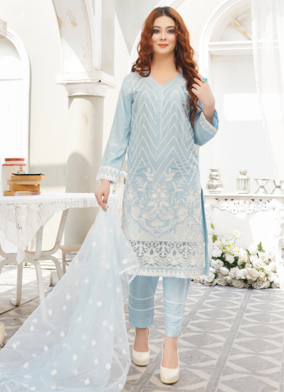 Embroidered Sky Blue Linen Suit