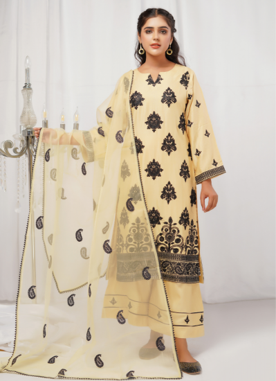 Gold Linen and Organza Patch Ladies Suit