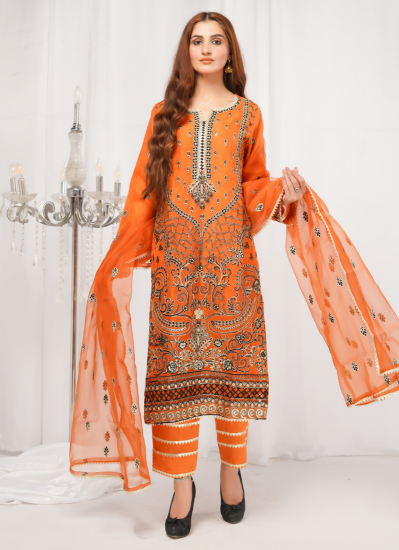 Buy Rust Organza Embroidered Ladies Suit