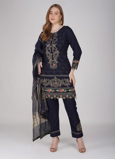 Navy Blue Embroidered Viscose Ladies Suit