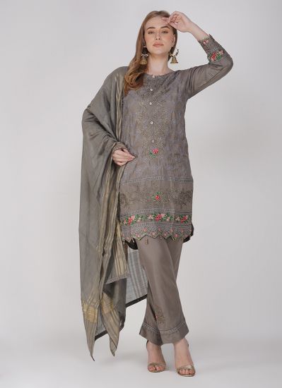 Grey Embroidered Viscose Ladies Suit