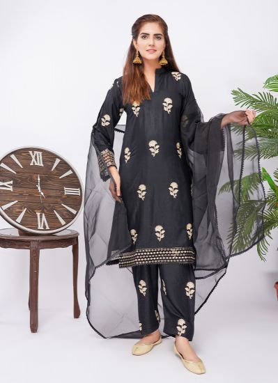 Black Linen Sift Style Embroidered Ladies Suit