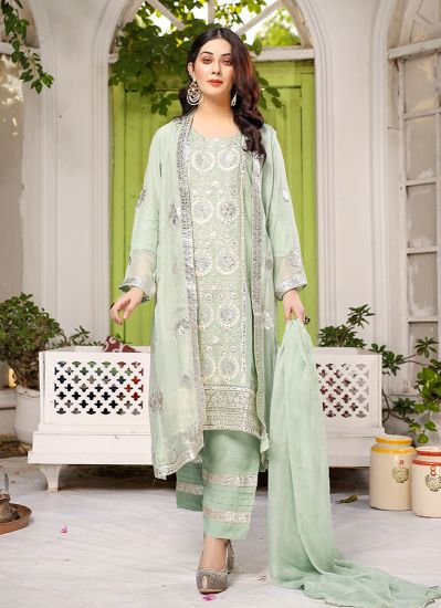 Mint Green Viscose Embroidered Jacket Style Suit Set