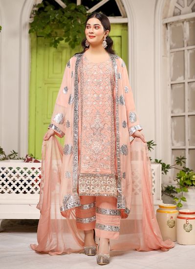 Peach Viscose Embroidered Jacket Style Suit Set