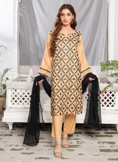 Beige Linen All Over Embroidered Suit Set