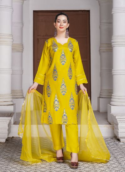 Mustard Embroidered Linen Suit Set
