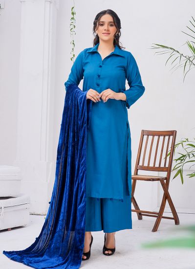 Blue Linen With Velvet Shawl Suit