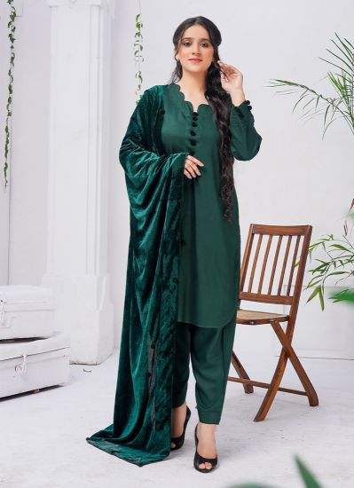 Dark Green Linen With Velvet Shawl Suit