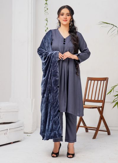 Grey Linen With Velvet Shawl Suit