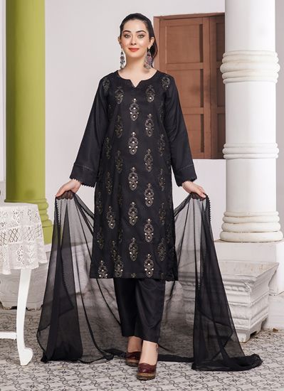 Black Linen Embroidered Dupatta Suit Set