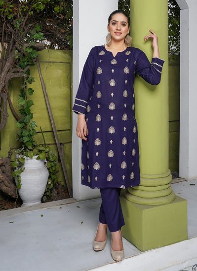 Navy Blue Dhanak Embroidered Co-ord Set