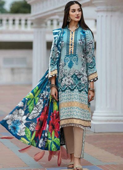 Buy Light Blue Linen Pakistani Suit With Trouser & Dupatta