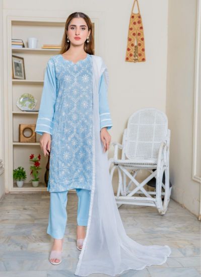 Buy Sky Blue Linen Embroidered Ladies Suit