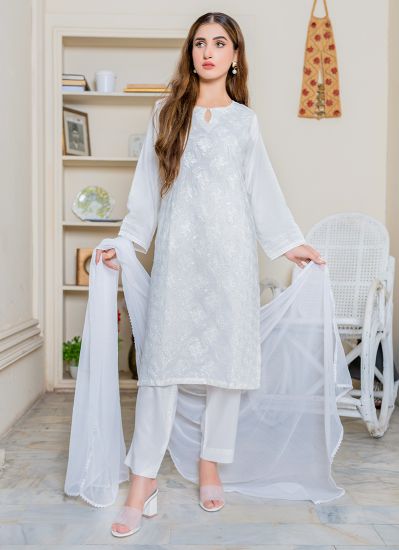 White Linen Embroidered Ladies Suit