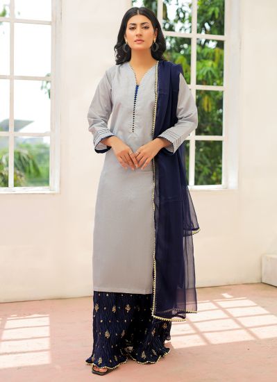 Grey-Navy Blue Sharara Suit Set