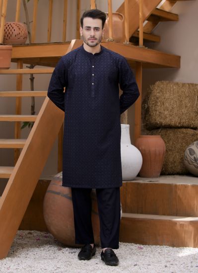 Navy Blue Embroidered Mens Kurta & Pyjama