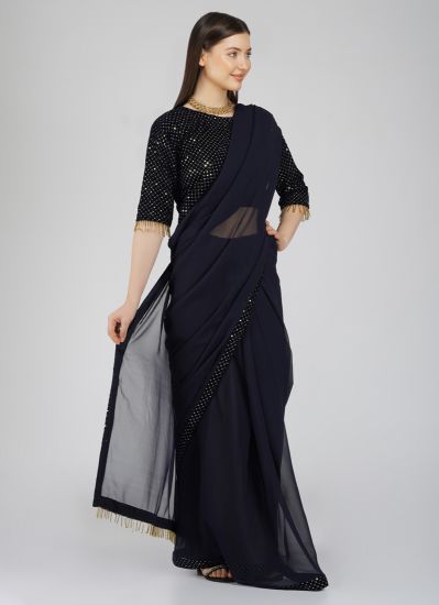 Buy Navy Blue Sequins Embroidered Blouse Saree