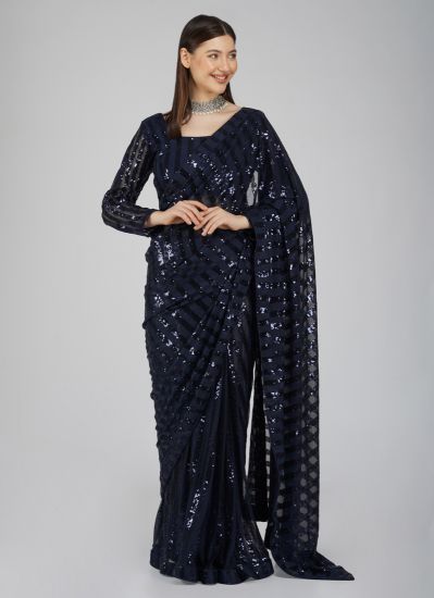 Navy Blue Net Sequins Saree