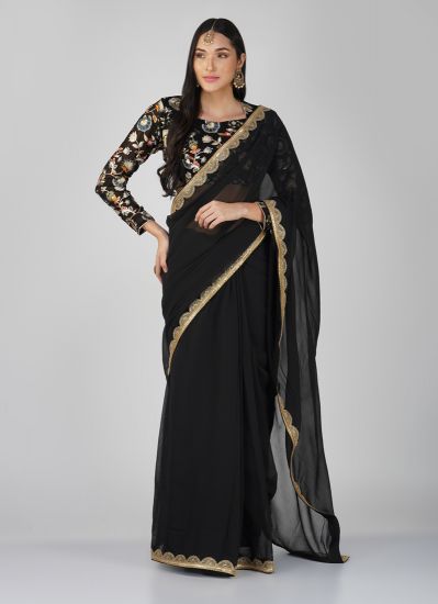 Buy Black Georgette Embroidered Blouse Saree