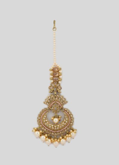 Pink Gold Tikka With Diamonte & Pearl Drops