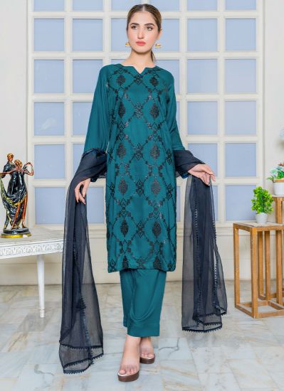 Buy Teal Blue Linen Embroidered Ladies Suit