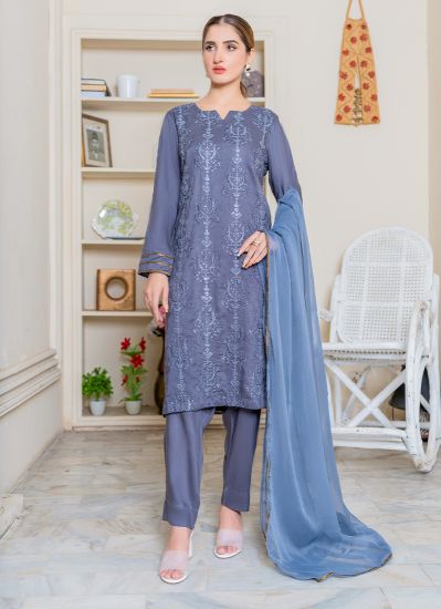 Grey Linen Embroidered Ladies Suit