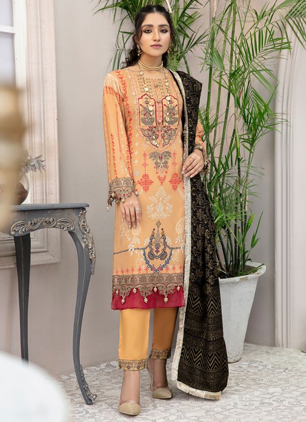 Buy Peach Linen Pakistani Suit With Linen Trouser & Shawl
