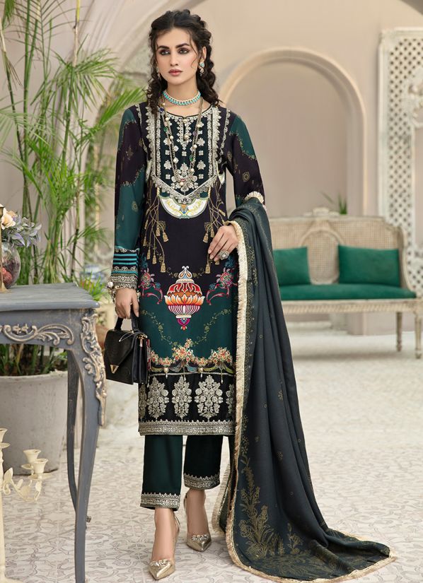 Buy Black Linen Pakistani Suit With Linen Trouser & Shawl