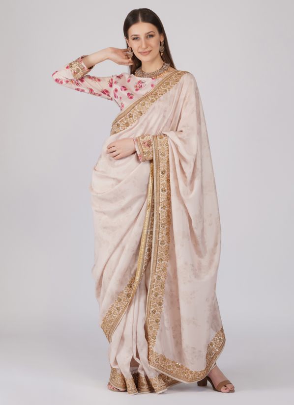 Printed Saree With Gold Zari Embroidery In Beige Colour
